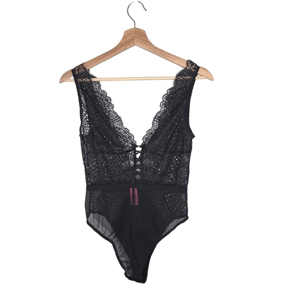 La Senza Black Lace Teddy Bodysuit M Sheer Plunge Mesh Lingerie One Piece